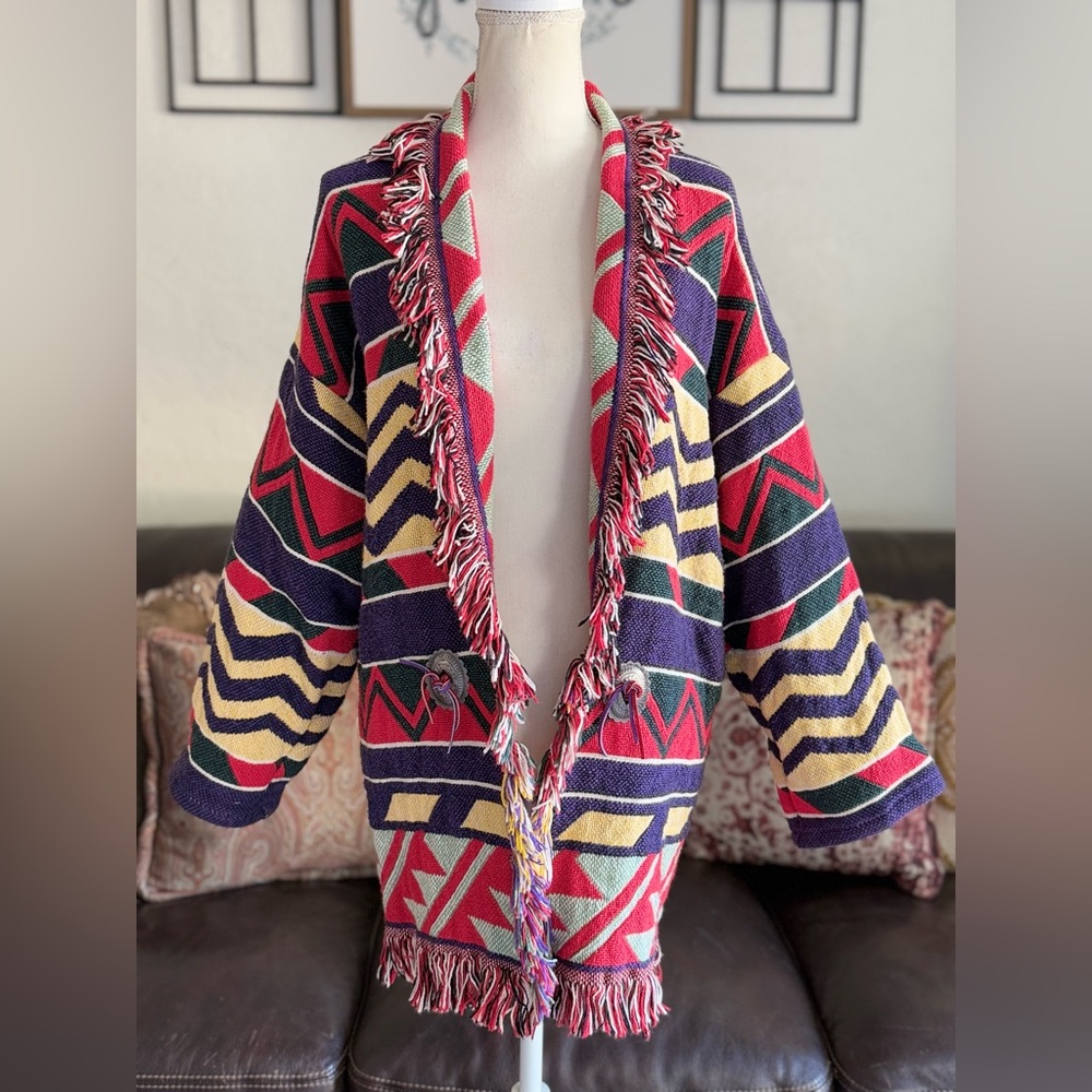 Rare Woven/Tapestry Cotton Southwest Blanket Jacket By E. Clair Design Colorful‎